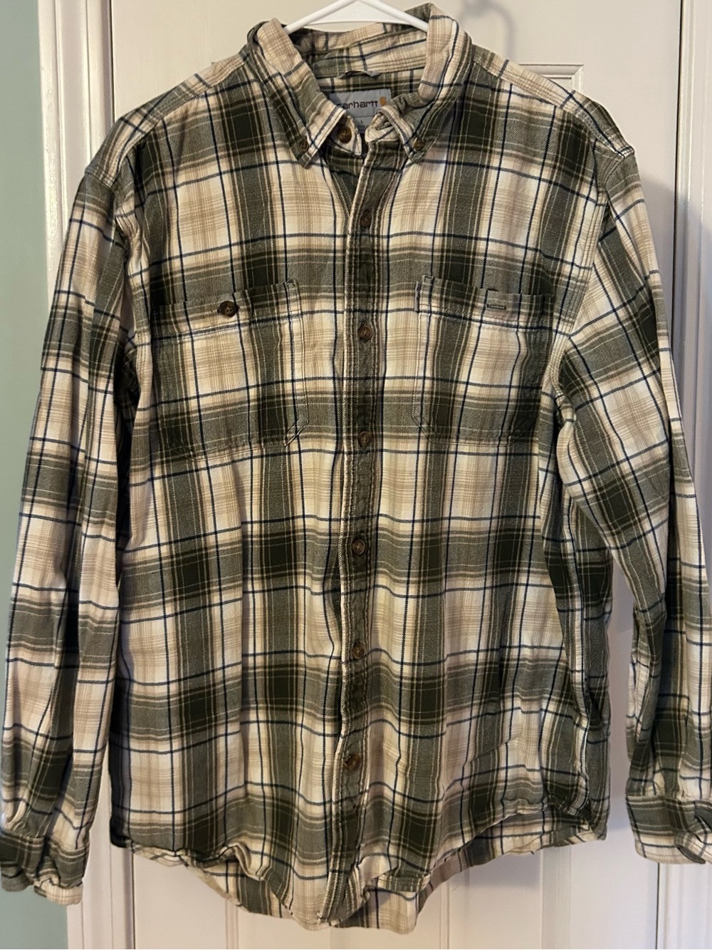 Men’s Large Carhartt Relaxed Fit Green Plaid Flannel Button-Up Shirt